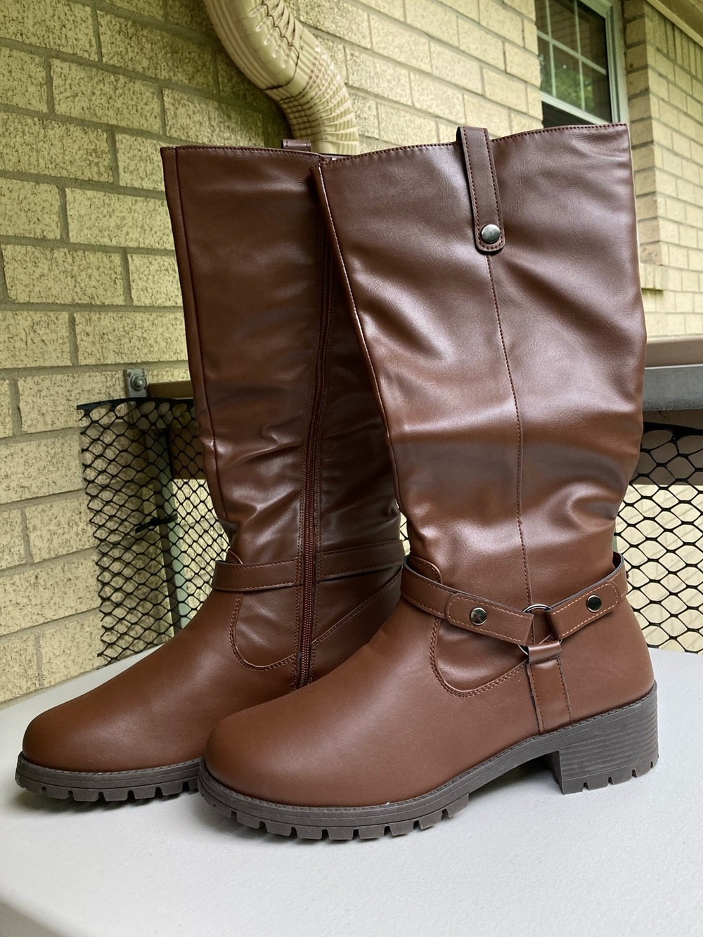 Olivia Miller Tall Brown Boot Omra High Shaft Faux Leather Harness Boot Size 9.5